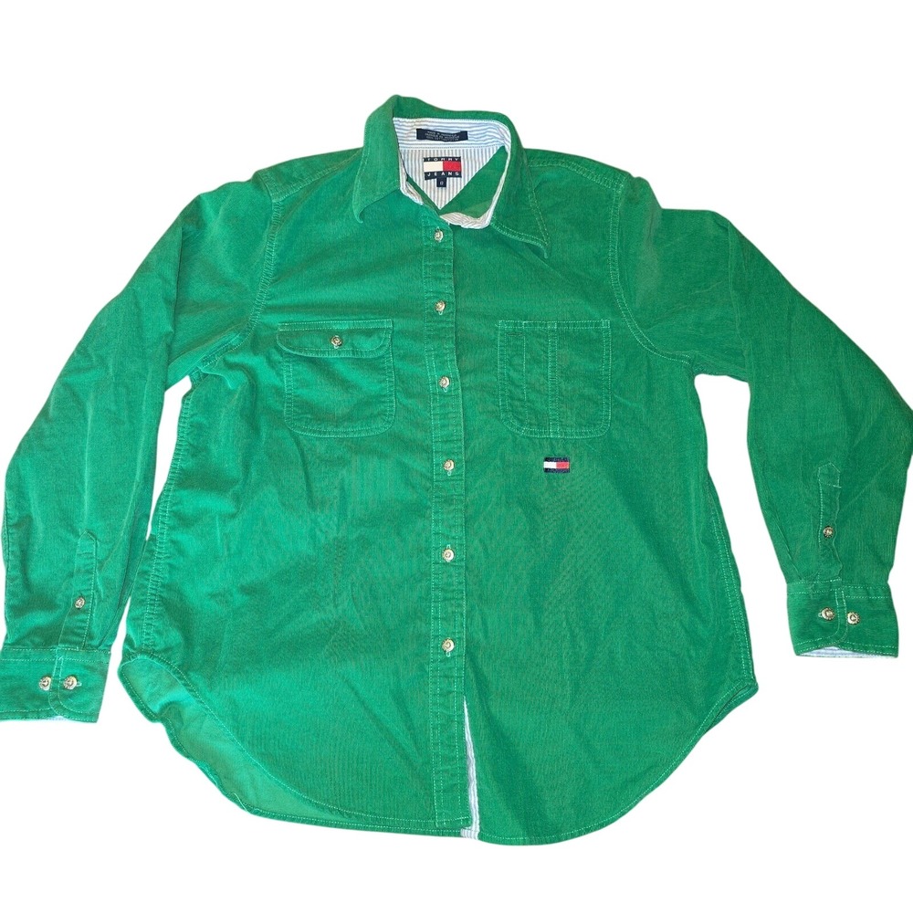 Vintage Tommy‎ Jeans Corduroy Shirt Button Front Long Sleeve Green Size 8